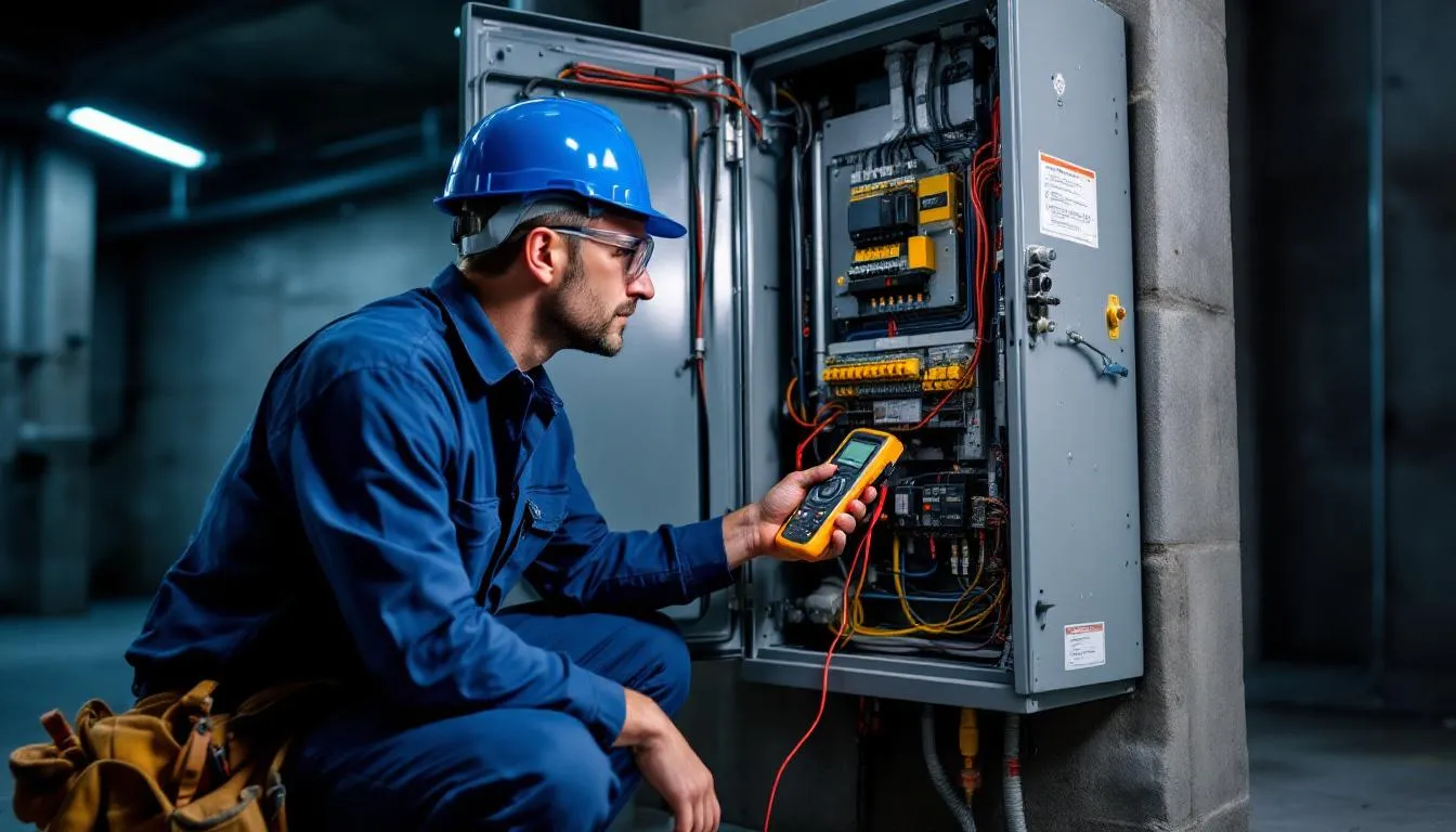Professional electrician wearing safety gear examining home electrical panel with testing equipment, showing proper emergency electrical service inspection
