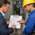 Business owner reviewing a contract with a commercial electrician before signing for electrical commercial services