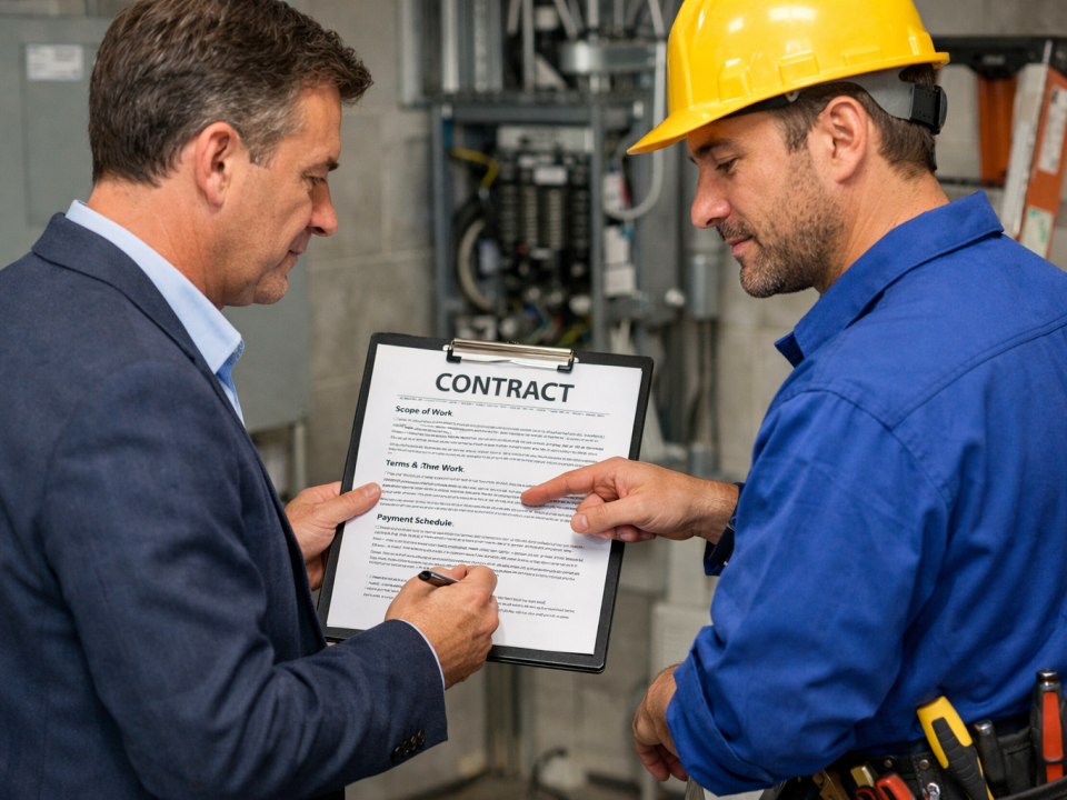 Business owner reviewing a contract with a commercial electrician before signing for electrical commercial services