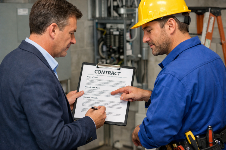 Business owner reviewing a contract with a commercial electrician before signing for electrical commercial services