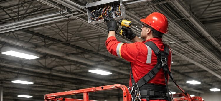 Licensed electrician working on commercial wiring installation as part of professional electrical commercial services in the Greater Cincinnati area