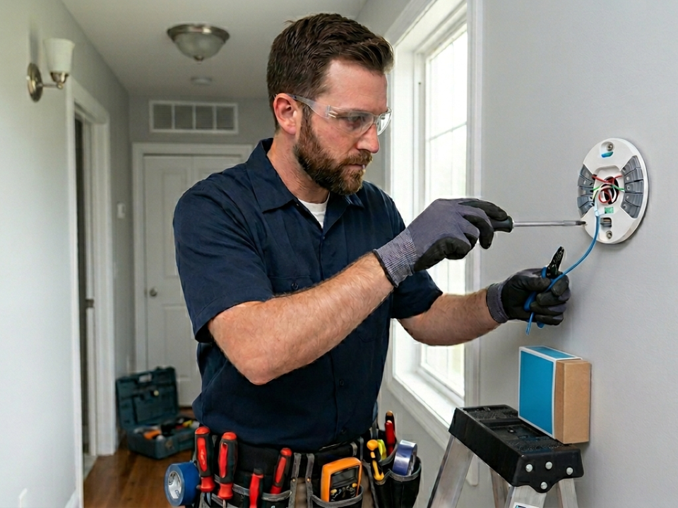 Electrician installing correct C-wire wiring for a smart thermostat to improve energy saving AC unit performance in Cincinnati Ohio