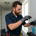 Electrician installing correct C-wire wiring for a smart thermostat to improve energy saving AC unit performance in Cincinnati Ohio
