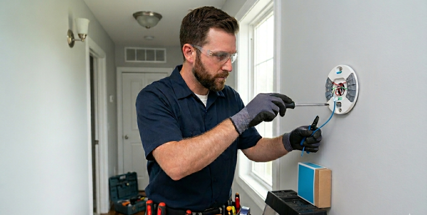 Electrician installing correct C-wire wiring for a smart thermostat to improve energy saving AC unit performance in Cincinnati Ohio